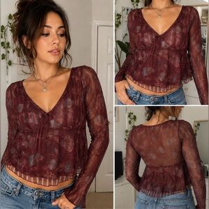 Y2K Burgundy Sheer Mesh Floral Babydoll Top Fairycore Coquette Boho Size M